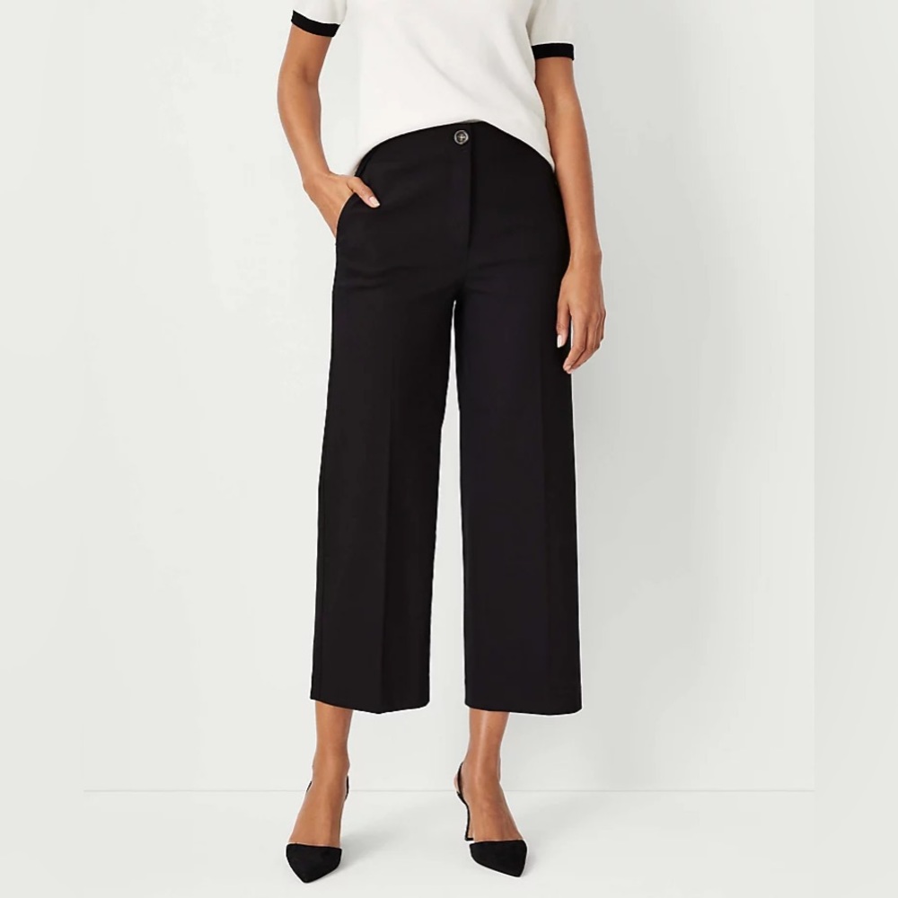 Ann Taylor Black Stretch Cotton Wide Leg Crop Pant, Size 16 Petite